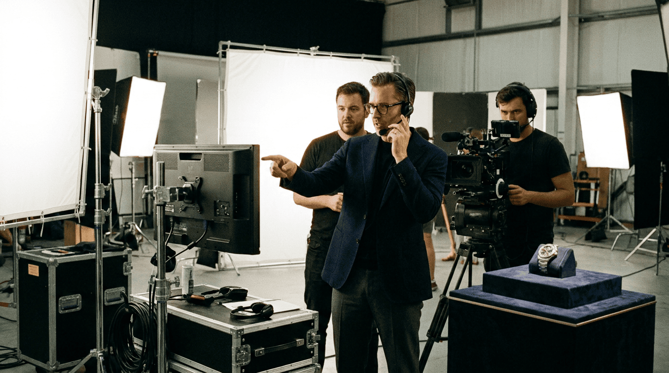 Director creativo dando indicaciones en una producción audiovisual premium