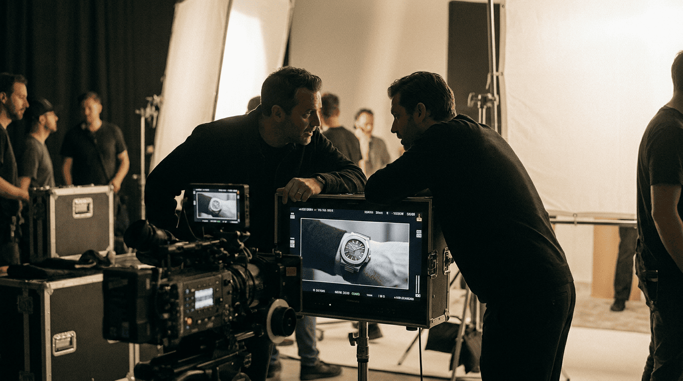 Dirección creativa revisando una campaña audiovisual premium en un set cinematográfico