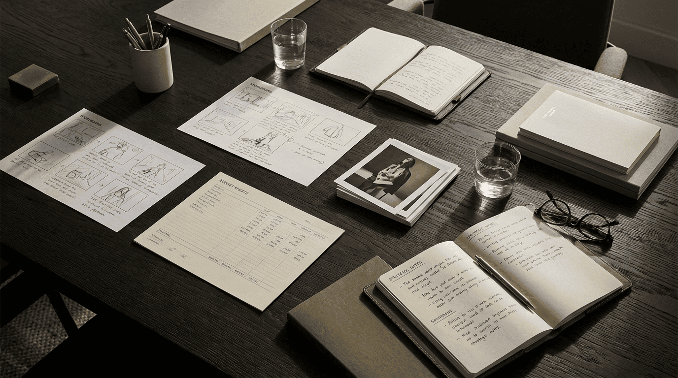 Mesa de preproducción audiovisual con storyboard, presupuesto y referencias estratégicas